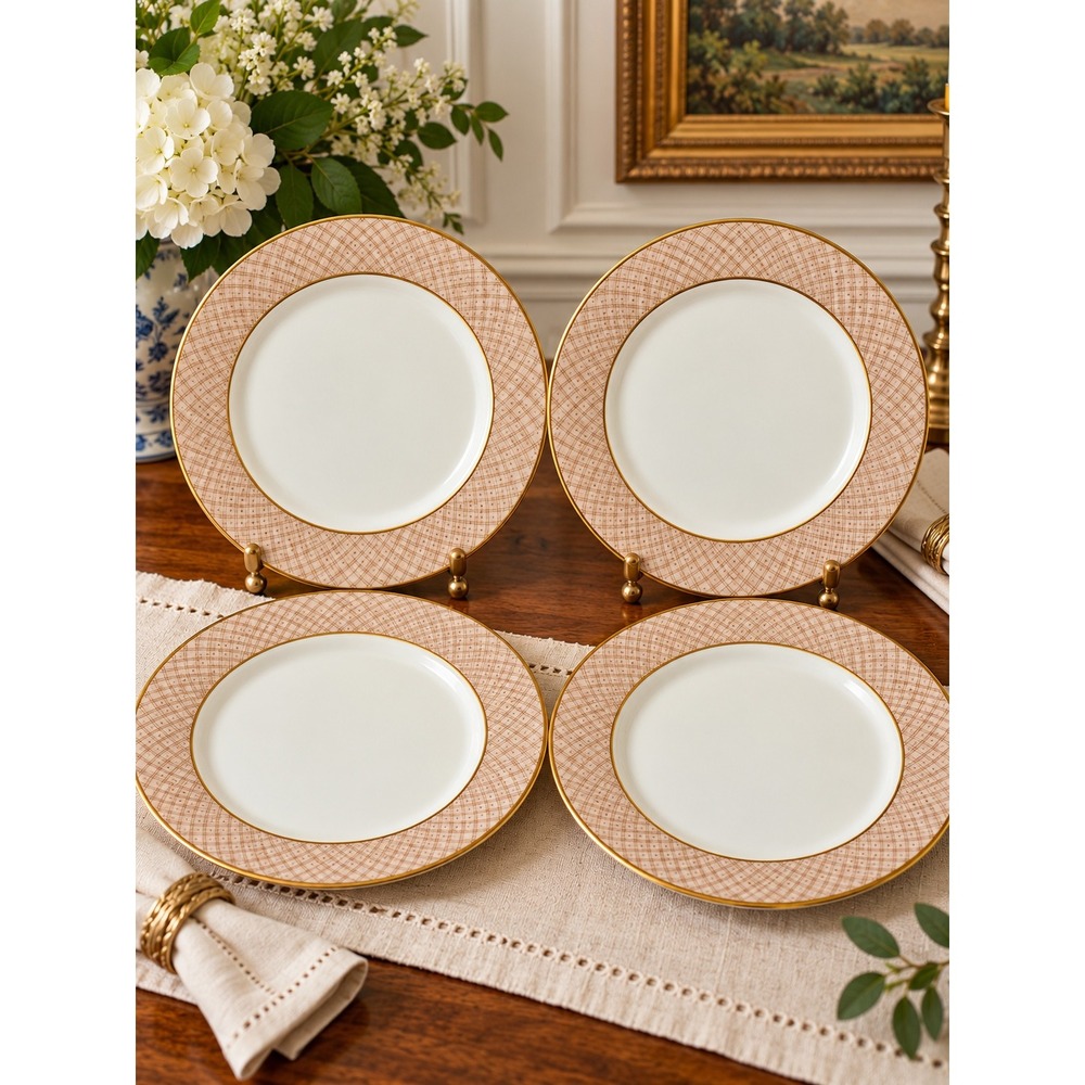 Fitz & Floyd Imperial Dynasty 10 In Dinner Plates Set of 4 Tan Gold Trim Lattice